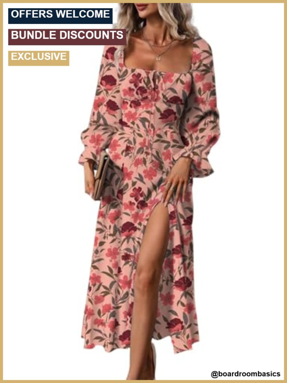 Boho Floral Midi Dress Square Neck Puff Long Sleeve Tie Front Split